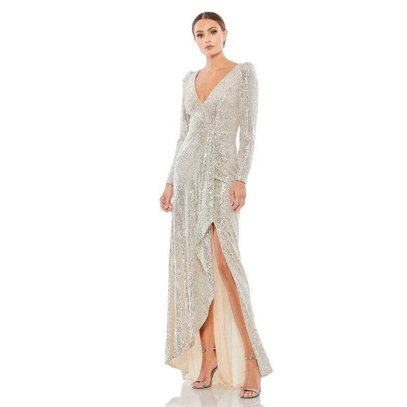 IEENA Mac Duggal Dress 26395 Long Sleeve Sequin Wrap V Neck Gown - Picture 1 of 16